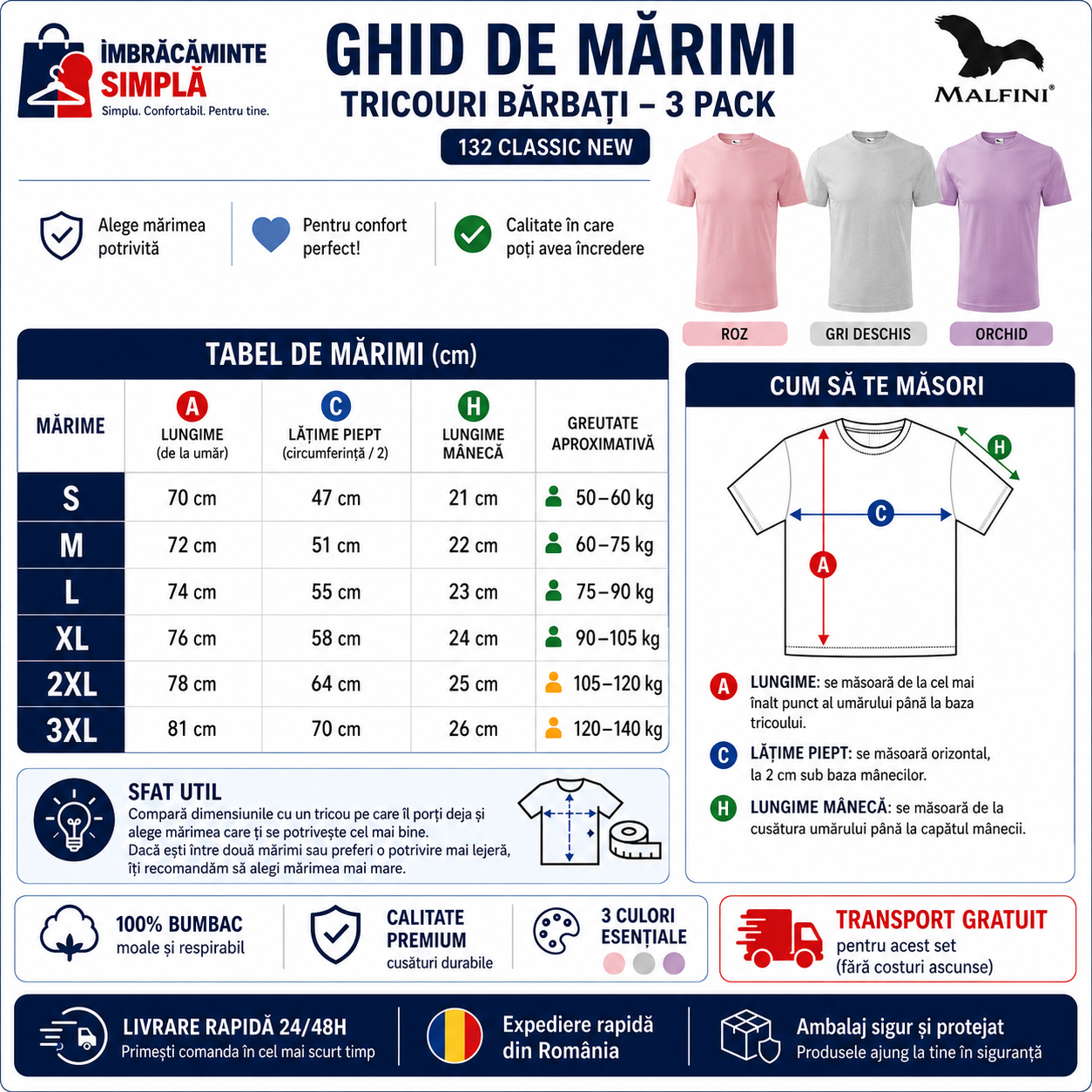 Beneficii set 3 tricouri bărbați 100% bumbac roz gri deschis orchid